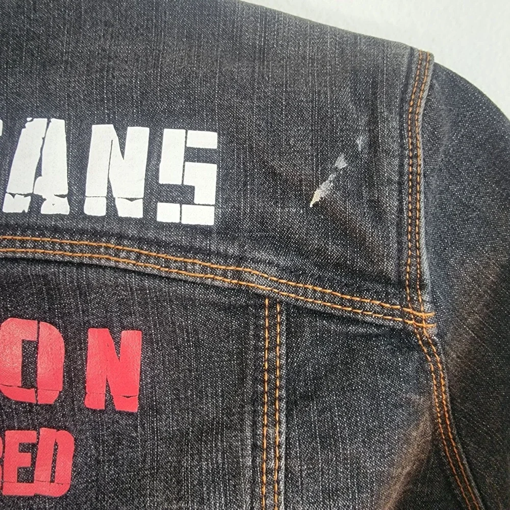 Pepe Jeans London Mens Distressed Denim Jacket Black Punk Graphic Patches Size M